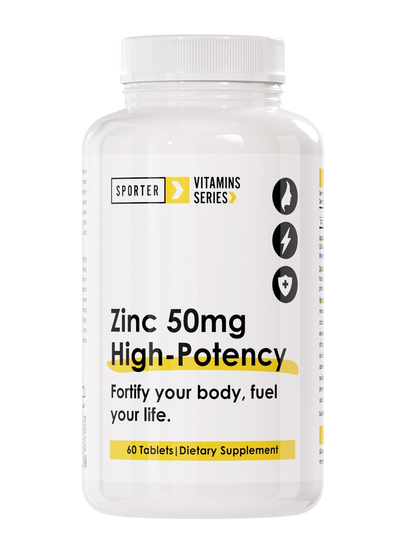 Sporter Zinc 50mg High-Potency – 60 Tablets | Immune System, Skin & Hormone Support | Vegan | Non-GMO | Gluten-Free | High Absorption Formula - Image 1