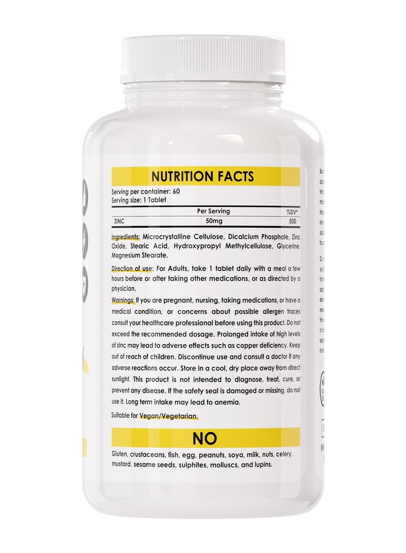 Sporter Zinc 50mg High-Potency – 60 Tablets | Immune System, Skin & Hormone Support | Vegan | Non-GMO | Gluten-Free | High Absorption Formula - Image 2