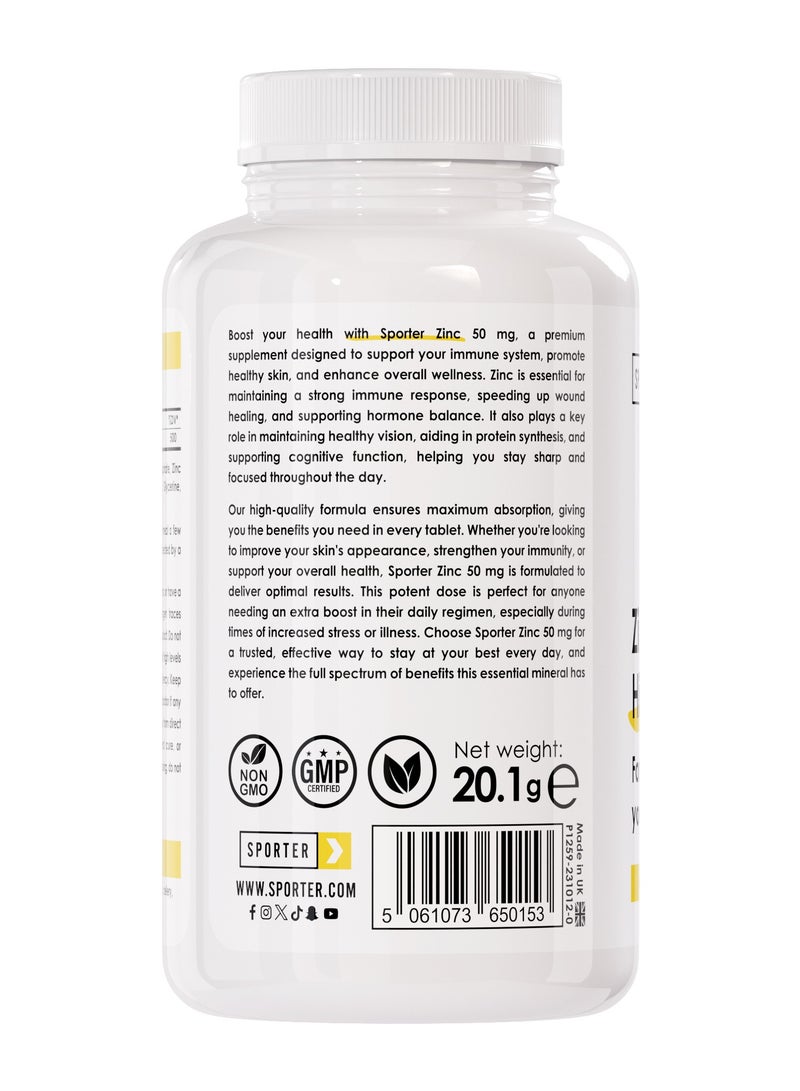 Sporter Zinc 50mg High-Potency – 60 Tablets | Immune System, Skin & Hormone Support | Vegan | Non-GMO | Gluten-Free | High Absorption Formula - Image 3