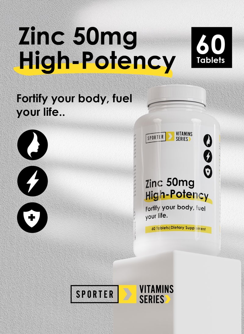 Sporter Zinc 50mg High-Potency – 60 Tablets | Immune System, Skin & Hormone Support | Vegan | Non-GMO | Gluten-Free | High Absorption Formula - Image 4