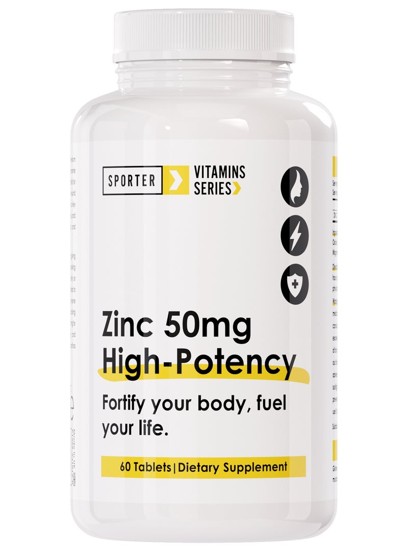 Sporter Zinc 50mg High-Potency – 60 Tablets | Immune System, Skin & Hormone Support | Vegan | Non-GMO | Gluten-Free | High Absorption Formula - Image 1