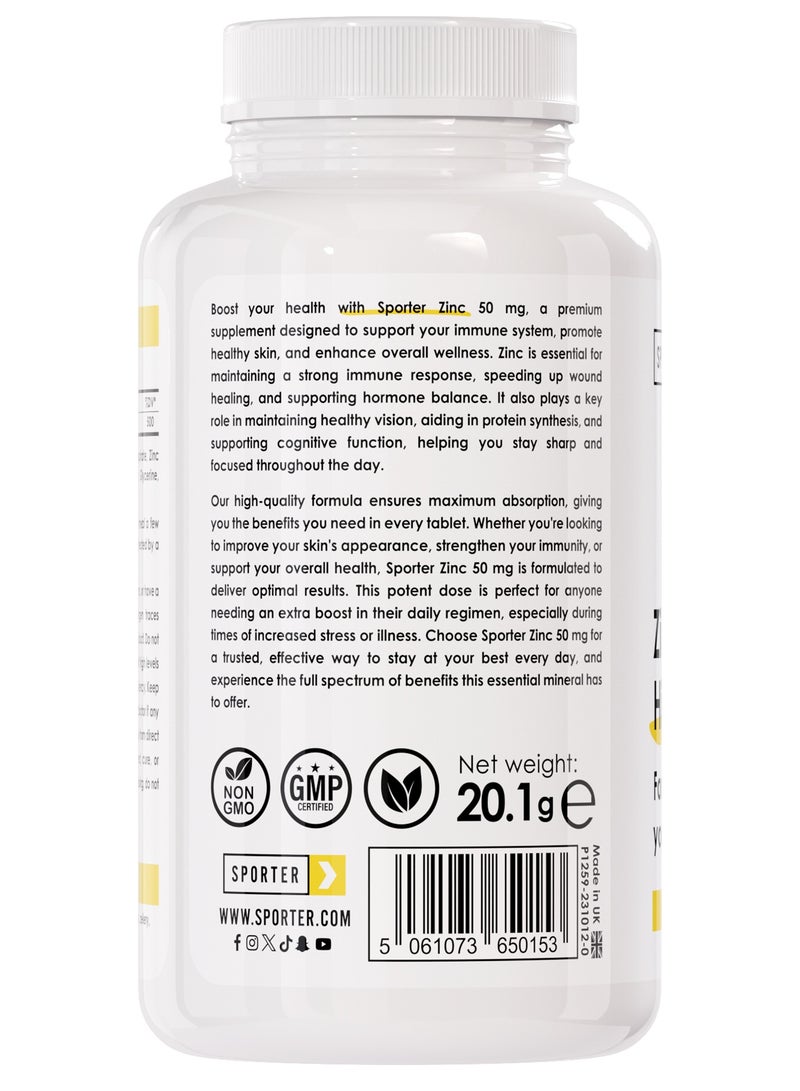 Sporter Zinc 50mg High-Potency – 60 Tablets | Immune System, Skin & Hormone Support | Vegan | Non-GMO | Gluten-Free | High Absorption Formula - Image 3