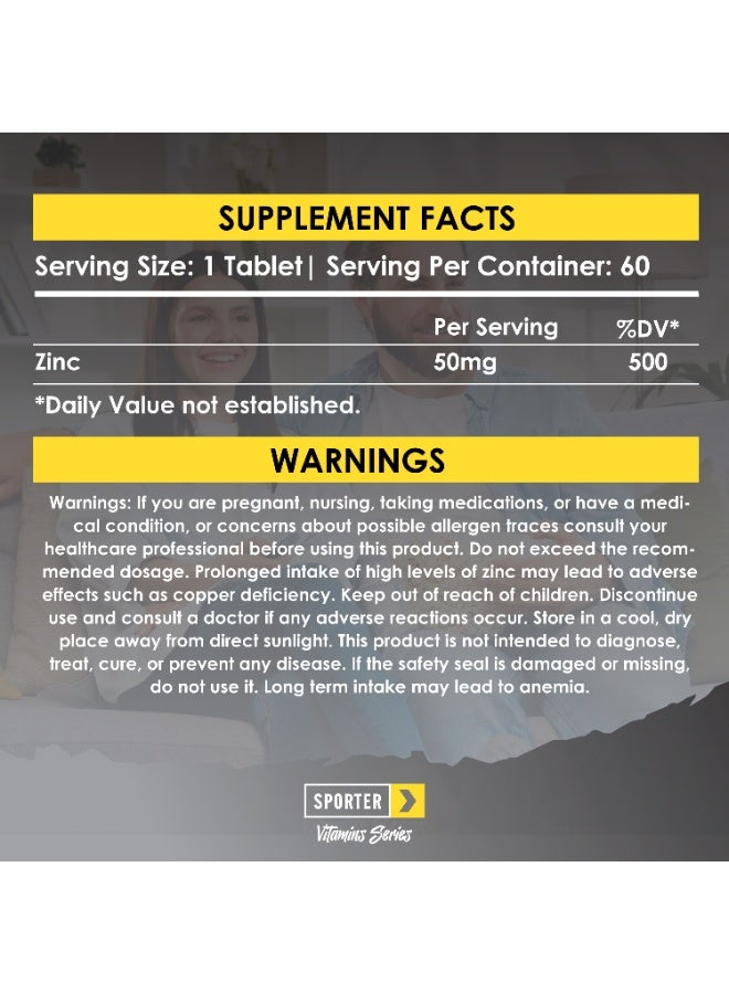 Sporter Zinc 50mg High-Potency – 60 Tablets | Immune System, Skin & Hormone Support | Vegan | Non-GMO | Gluten-Free | High Absorption Formula - Image 5
