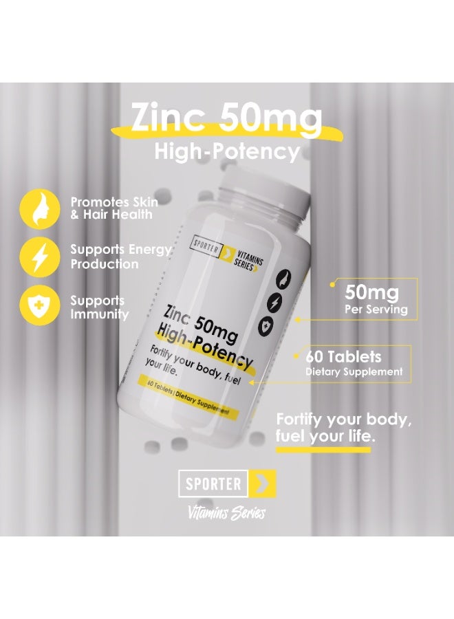 Sporter Zinc 50mg High-Potency – 60 Tablets | Immune System, Skin & Hormone Support | Vegan | Non-GMO | Gluten-Free | High Absorption Formula - Image 4
