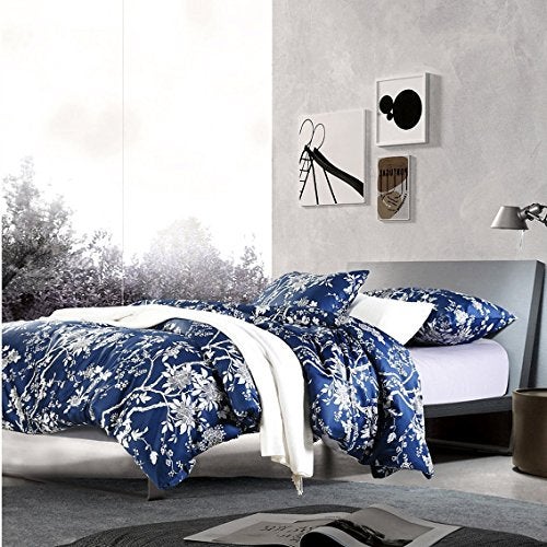 Eikei Eastern Floral Chinoiserie Blossom Print Duvet Quilt Cover Navy Blue Tan White Asian Style Botanical Tree Branches Ornamental Drawing 400TC Egyptian Cotton 3pc Bedding Set (Queen) - Image 1