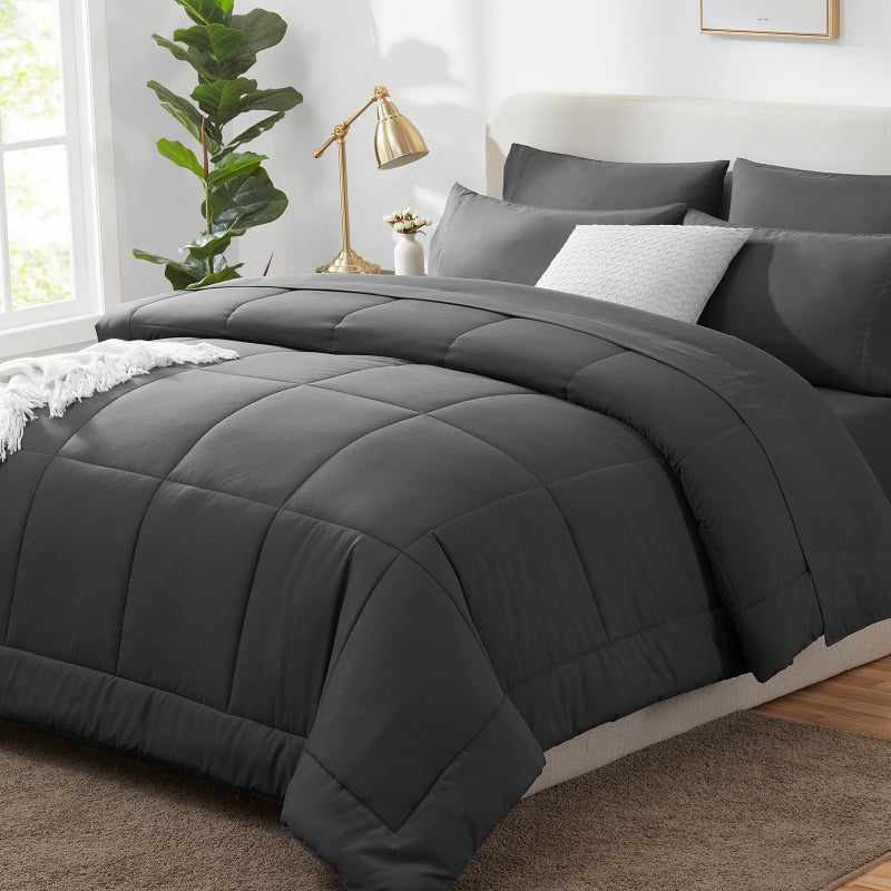 CozyLux King Size Comforter Set Dark Grey 7 Pieces Bed in a Bag Dark Grey Comforter King Size All Season Bedding Sets with Stitch Quilted Comforter Flat Sheet Fitted Sheet Pillowcases