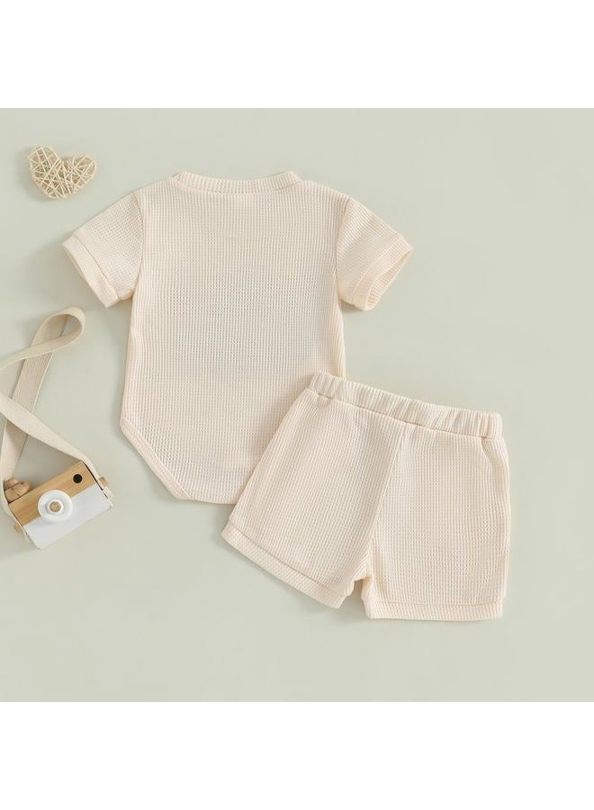 MERSARIPHY Newborn Baby Boy Summer Clothes Mama's Boy Little Dude Short Sleeve Romper Shorts Set Infant Waffle Knit Outfit, Beige-mama's Boy, 0-3 months - Image 3