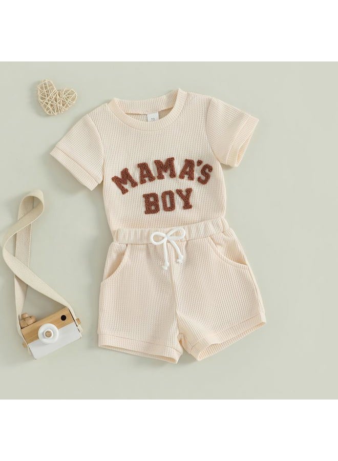 MERSARIPHY Newborn Baby Boy Summer Clothes Mama's Boy Little Dude Short Sleeve Romper Shorts Set Infant Waffle Knit Outfit, Beige-mama's Boy, 0-3 months - Image 2