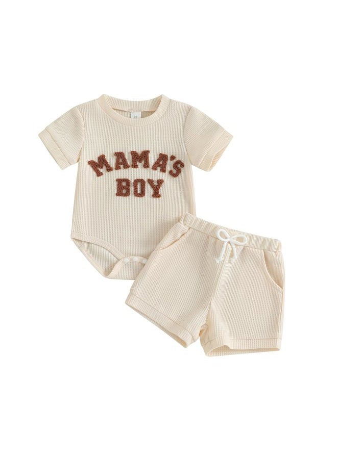 MERSARIPHY Newborn Baby Boy Summer Clothes Mama's Boy Little Dude Short Sleeve Romper Shorts Set Infant Waffle Knit Outfit, Beige-mama's Boy, 0-3 months - Image 1