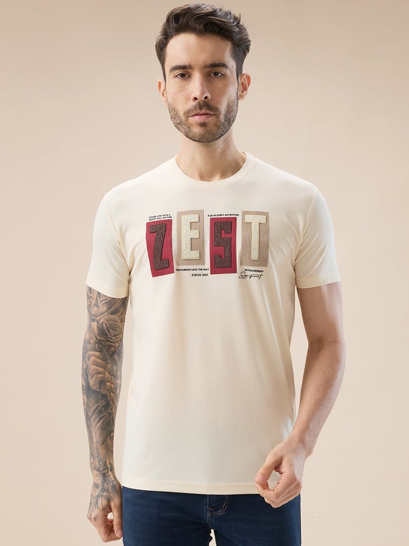 STATUS QUO Rubberized Typography Print Regular Fit Beige T-Shirt - Image 1
