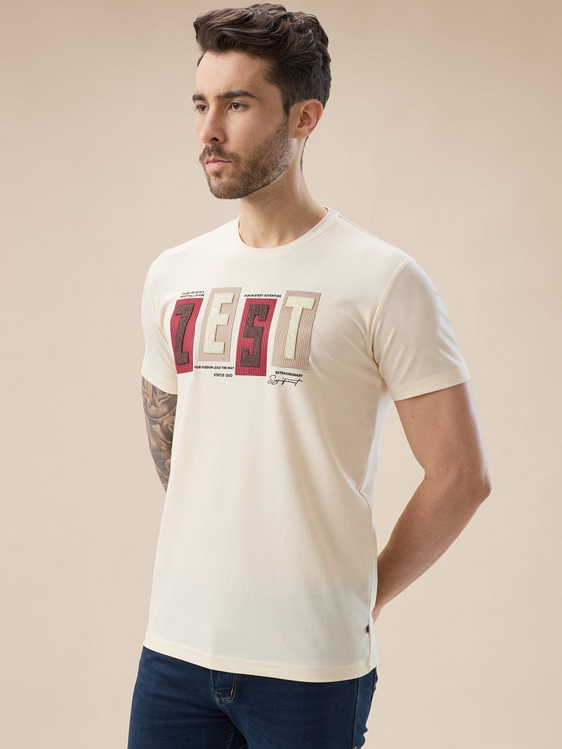 STATUS QUO Rubberized Typography Print Regular Fit Beige T-Shirt - Image 2