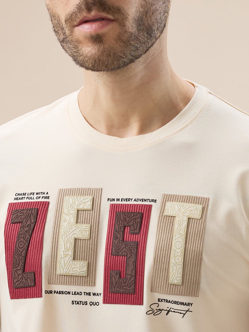 STATUS QUO Rubberized Typography Print Regular Fit Beige T-Shirt - Image 4