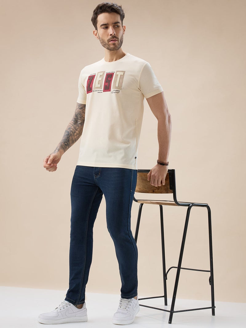STATUS QUO Rubberized Typography Print Regular Fit Beige T-Shirt - Image 5