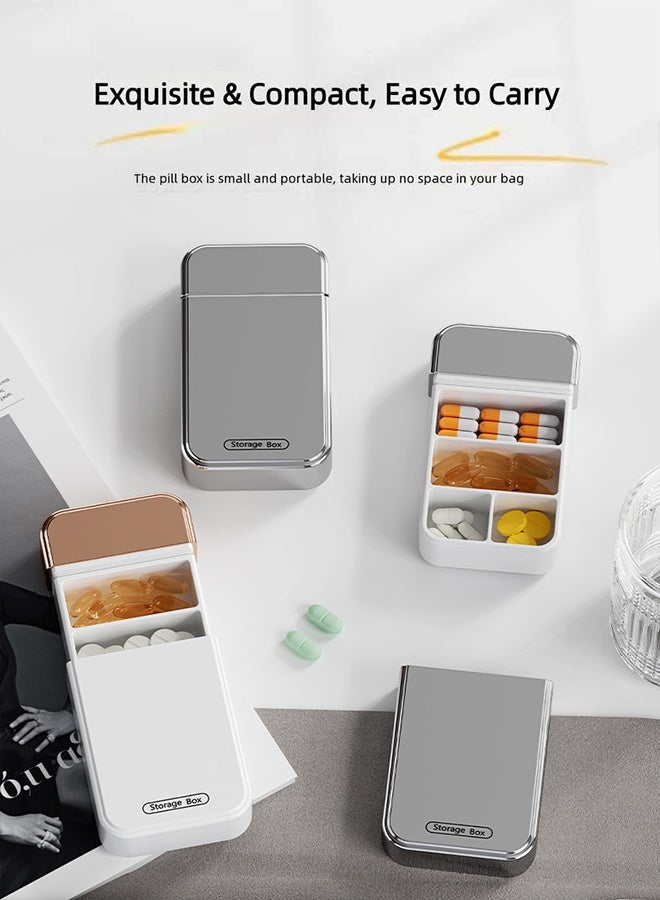 Portable Pill Box with 4 Compartments, Moisture-Proof Travel Pill Organizer, Small Pill Case for Daily Vitamins, Medicine Storage, White Gold - Image 3