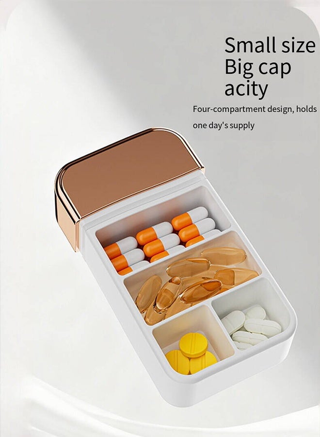 Portable Pill Box with 4 Compartments, Moisture-Proof Travel Pill Organizer, Small Pill Case for Daily Vitamins, Medicine Storage, White Gold - Image 4