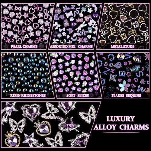 editTime 650pcs Mixed 3D Nail Charms Kit, 12pcs Luxury Metal Nail Rhinestones and 250pcs Resin Butterfly Flower Star Heart Bow Charms with 400pcs Flatback Pearls Rhinestone Metal Gems Charms (Purple) - Image 4