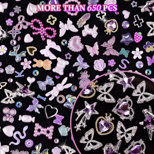 editTime 650pcs Mixed 3D Nail Charms Kit, 12pcs Luxury Metal Nail Rhinestones and 250pcs Resin Butterfly Flower Star Heart Bow Charms with 400pcs Flatback Pearls Rhinestone Metal Gems Charms (Purple) - Image 5