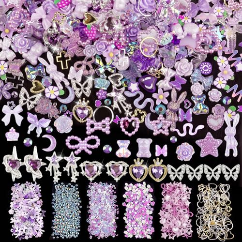 editTime 650pcs Mixed 3D Nail Charms Kit, 12pcs Luxury Metal Nail Rhinestones and 250pcs Resin Butterfly Flower Star Heart Bow Charms with 400pcs Flatback Pearls Rhinestone Metal Gems Charms (Purple) - Image 1