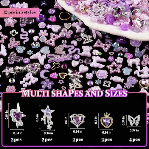 editTime 650pcs Mixed 3D Nail Charms Kit, 12pcs Luxury Metal Nail Rhinestones and 250pcs Resin Butterfly Flower Star Heart Bow Charms with 400pcs Flatback Pearls Rhinestone Metal Gems Charms (Purple) - Image 3