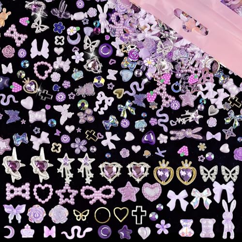 editTime 650pcs Mixed 3D Nail Charms Kit, 12pcs Luxury Metal Nail Rhinestones and 250pcs Resin Butterfly Flower Star Heart Bow Charms with 400pcs Flatback Pearls Rhinestone Metal Gems Charms (Purple) - Image 2
