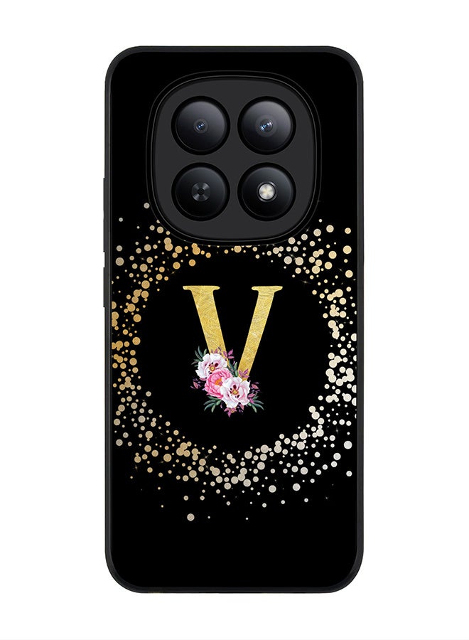 For Xiaomi Redmi Note 15 5G / Poco M8 Case,Slim fit Camera Protection, Shockproof Thin Phone cover  - Custom Monogram Floral - V ( Black )