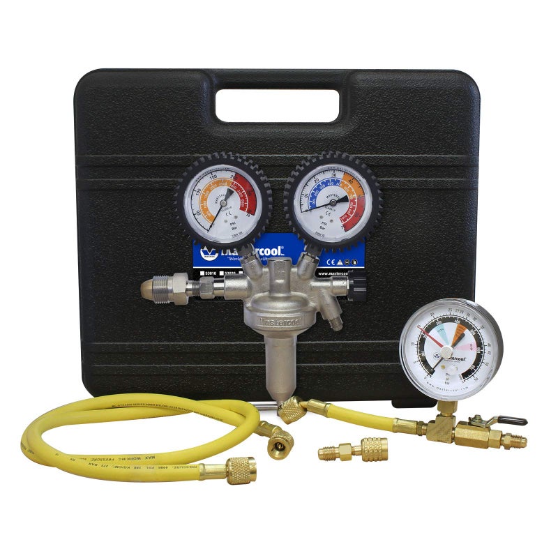 Mastercool 53010 HVAC Pressure Testing Kit  Includes Nitrogen Pressure Regulator Charging Hose Leak Testing Adapter R410A Adapter Blow Molded Case  ProfessionalGrade for Leak Testing