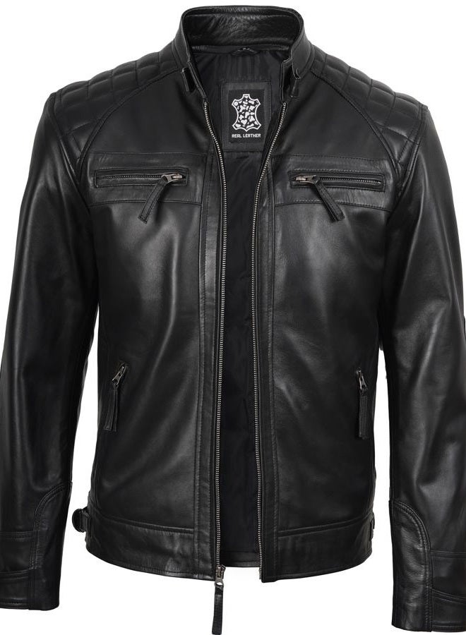 FJACKETS Lambskin Leather Biker Quilted Cafe Racer Zip Up Moto Johnson Jacket for Men, Black, M - Image 2