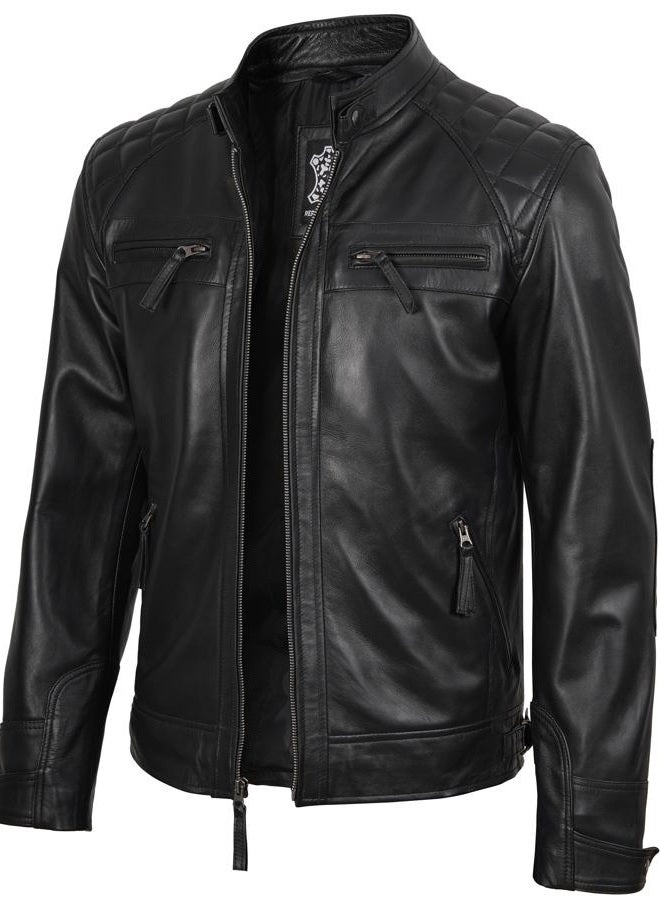 FJACKETS Lambskin Leather Biker Quilted Cafe Racer Zip Up Moto Johnson Jacket for Men, Black, M - Image 1
