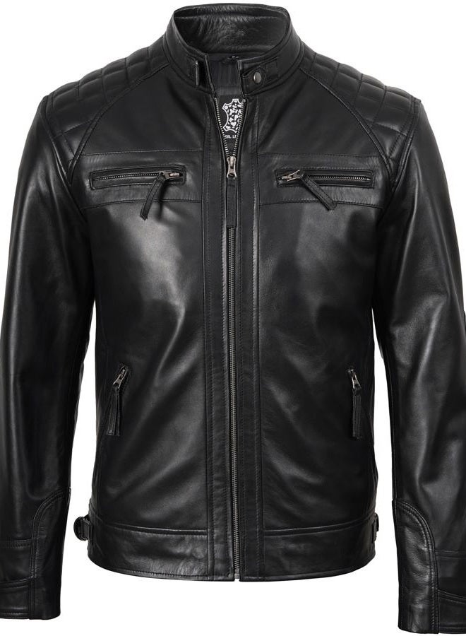 FJACKETS Lambskin Leather Biker Quilted Cafe Racer Zip Up Moto Johnson Jacket for Men, Black, M - Image 3