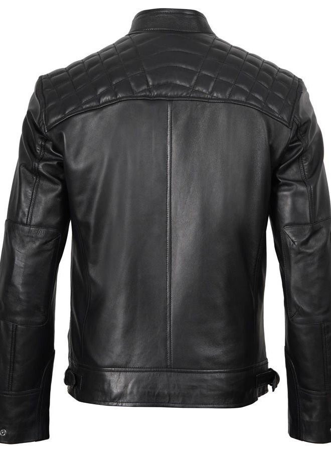FJACKETS Lambskin Leather Biker Quilted Cafe Racer Zip Up Moto Johnson Jacket for Men, Black, M - Image 4