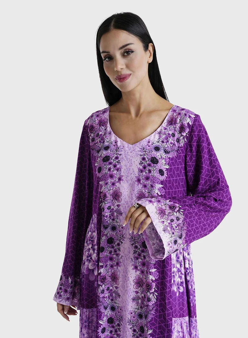 KASHKHA Purple Floral Printed Rayon Stone Work Jalabiya (VDM803)
