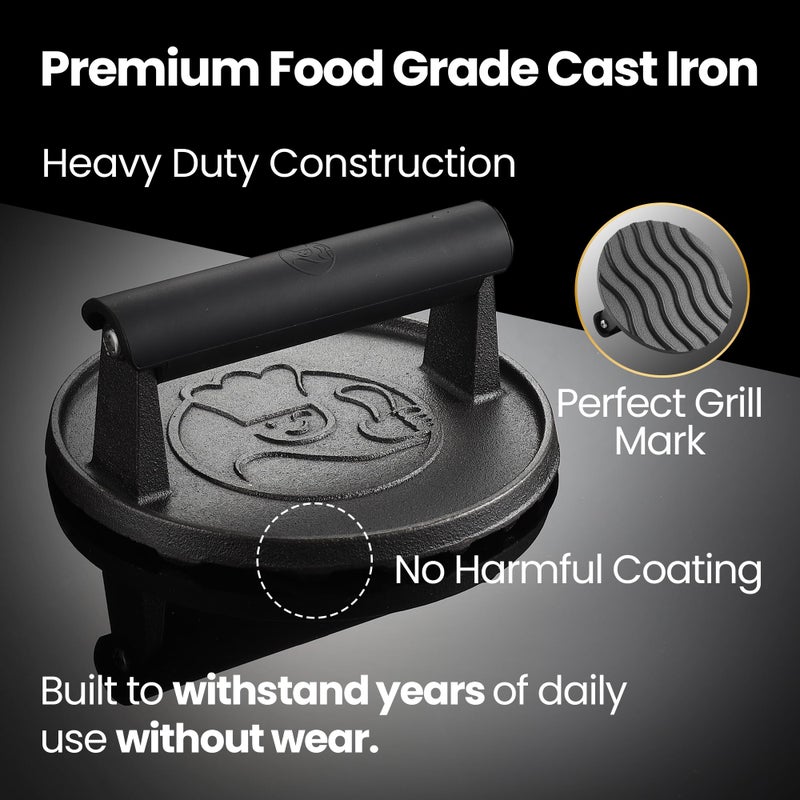 Gourmet Easy Smash Burger Press for Griddle, 2 lb Heavy Duty Burger Smasher Tool with Heat-Resistant Handle, Premium Cast Iron Bacon & Sandwich Maker, Hamburger Press for BBQ Grilling Accessories, 5-Year Warranty - Image 4