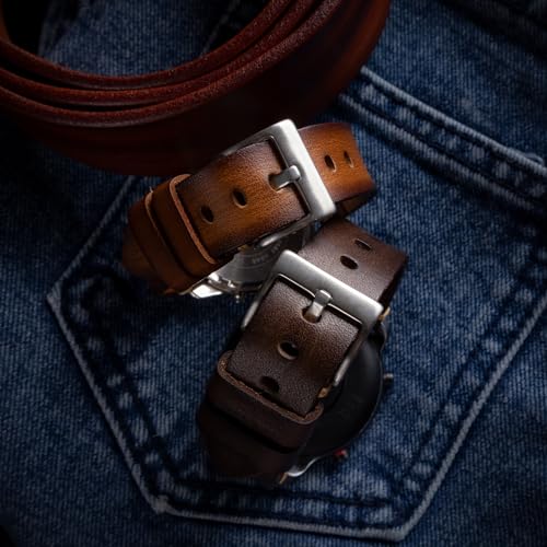 Berfine 24mm Retro Handmade Watch Band, Quick Release Vintage Leather Watch Strap Replacement,Dark Brown - Image 5