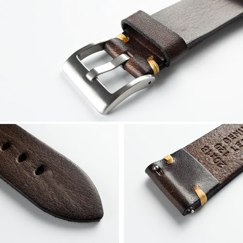Berfine 24mm Retro Handmade Watch Band, Quick Release Vintage Leather Watch Strap Replacement,Dark Brown - Image 3