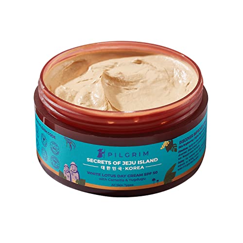 PILGRIM Pilgrim Korean White Lotus Day Cream SPF 50 (PA+++) | Infused with Camellia & Yugdugu | Reduces Wrinkles | Fights Dark Spots & Provides Healthy Skin Protection | 3.52 Oz/100gm