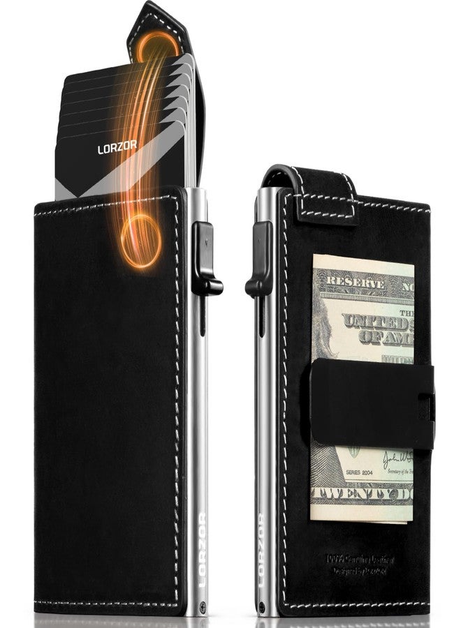 LORZOR Slim Wallet for Men with Security Latch, Pop Up Metal Card Holder Wallet, Finest Full Grain Leather Bifold Wallets, Smart, Minimalist, RFID Blocking, Front Pocket, ID Window - Image 1