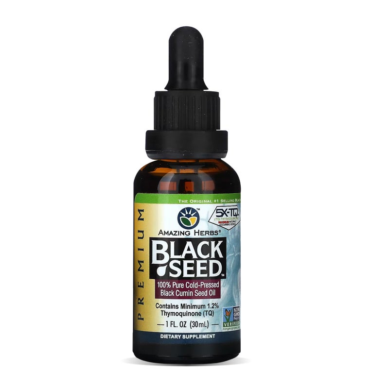 Amazing Herbs Premium Black Seed Oil Cold Pressed Nigella Sativa Aids in Digestive Health Immune Support Brain Function Joint Mobility Gluten Free Non GMO 1 Fl Oz