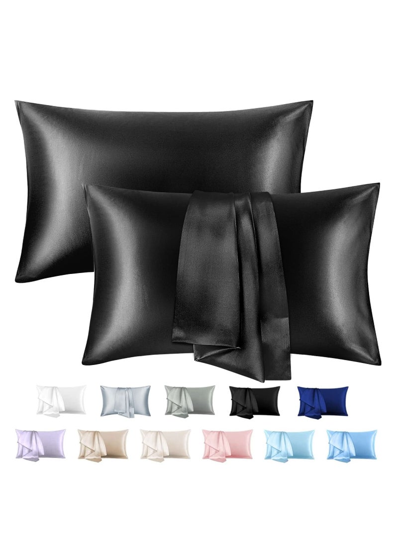 Arabest - 2-Piece Simple Solid Colour Silk Satin Pillow Case with Envelope Closure for Hair and Skin Black 51x76/51x102cm - Image 1