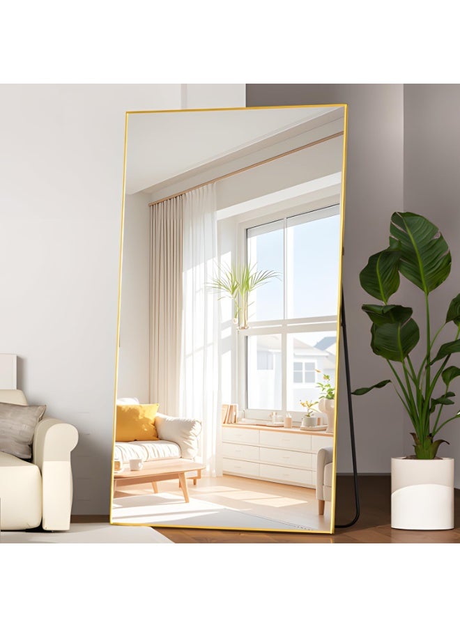 CASSILANDO Full Length Mirror 193x86cm Gold Floor Mirror with Stand Large Full Body Mirror Rectangle for Bedroom Aluminum Alloy Thin Frame Standing Hanging or Leaning Against Wall - Image 1