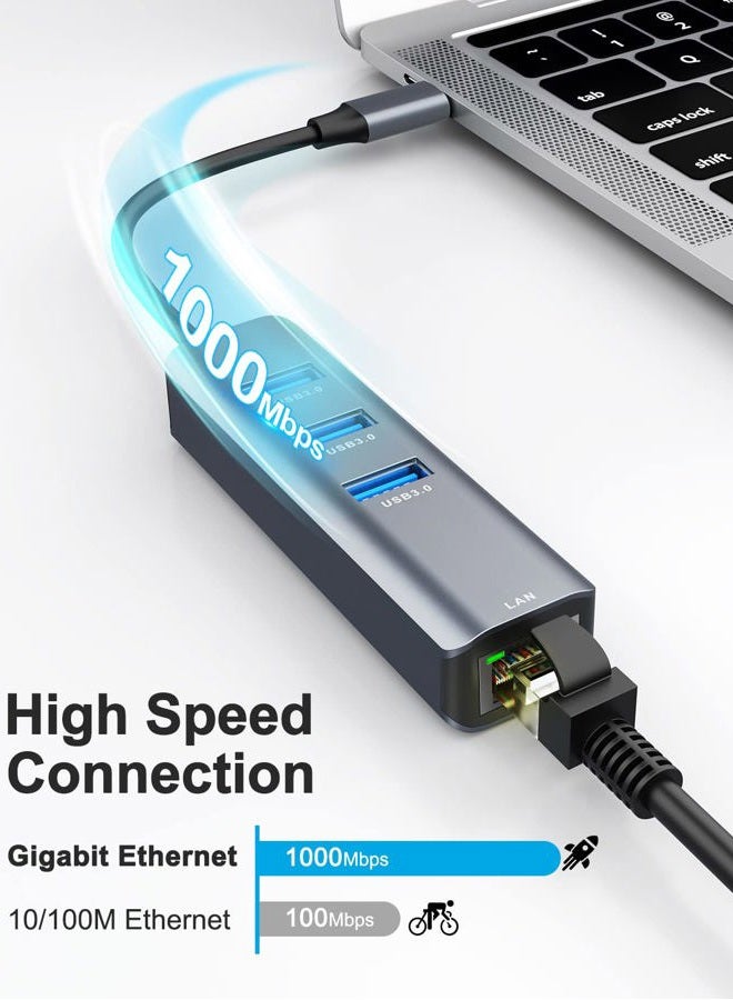 ABLEWE Ethernet to USB C Adapter, 4-in-1 Aluminum USB C to Ethernet Adapter, with 3 USB 3.0 Ports, for MacBook Pro 2019/2018/2017, Chromebook, Linux, and More Type C Devices - Image 2