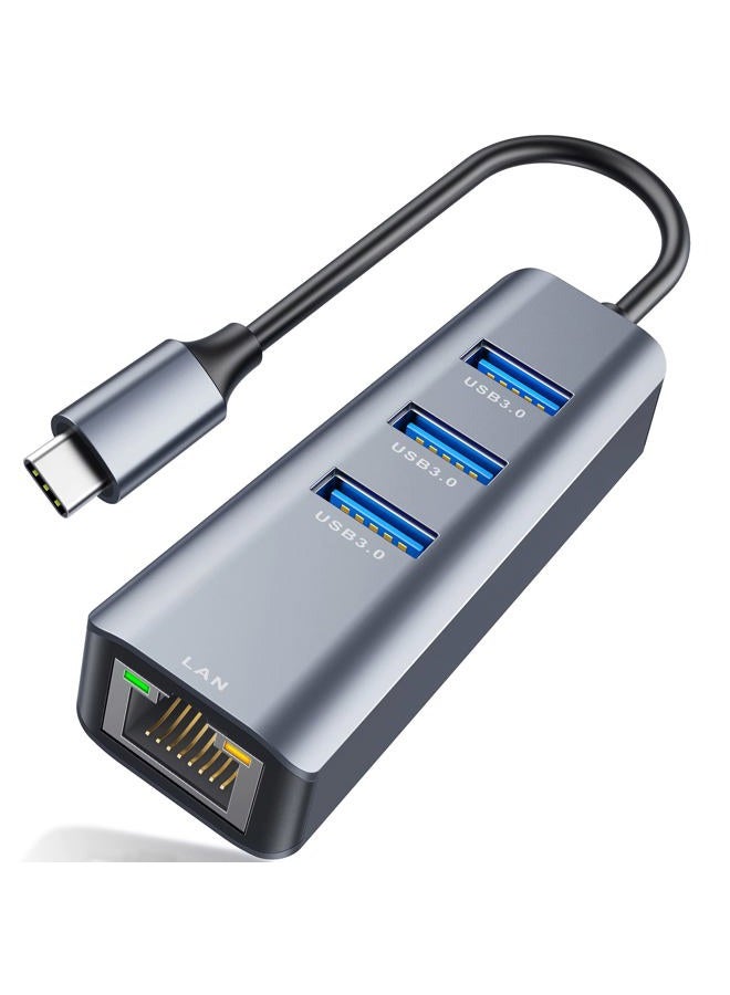 ABLEWE Ethernet to USB C Adapter, 4-in-1 Aluminum USB C to Ethernet Adapter, with 3 USB 3.0 Ports, for MacBook Pro 2019/2018/2017, Chromebook, Linux, and More Type C Devices - Image 1