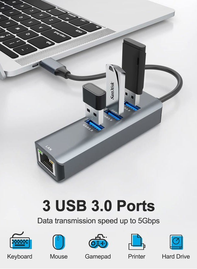 ABLEWE Ethernet to USB C Adapter, 4-in-1 Aluminum USB C to Ethernet Adapter, with 3 USB 3.0 Ports, for MacBook Pro 2019/2018/2017, Chromebook, Linux, and More Type C Devices - Image 3