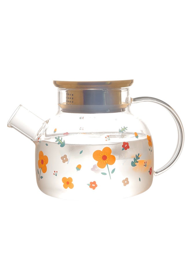 Artistic Glass Cold Water Bottle Cold Water Bottle Set Fruit Juice Scented Tea Fruit Teapot Tea Maker Large Capacity Tea Cup Tray-Color:Sunflower Short Spout Pot-small (stainless Steel Lid) - Image 1