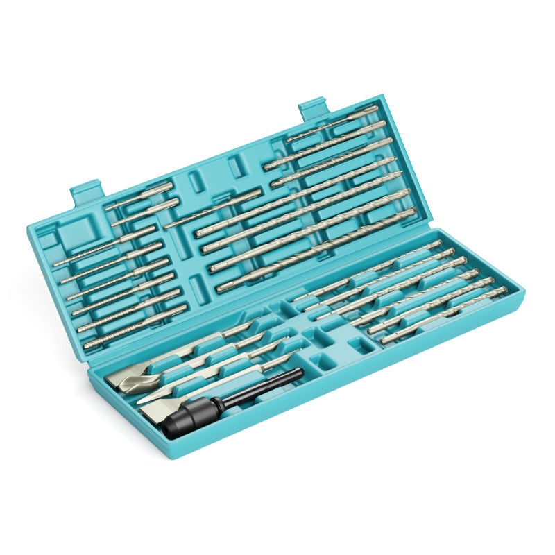 YOSIGHT 27Pcs SDS-Plus Drill Bits & Chisel Set - Rotary Hammer Carbide Tipped Double-Threaded Drill Bits & Chisels & SDS-Max to SDS Plus Adapter, with Storage Box, for Masonry Construction Materials - Image 1