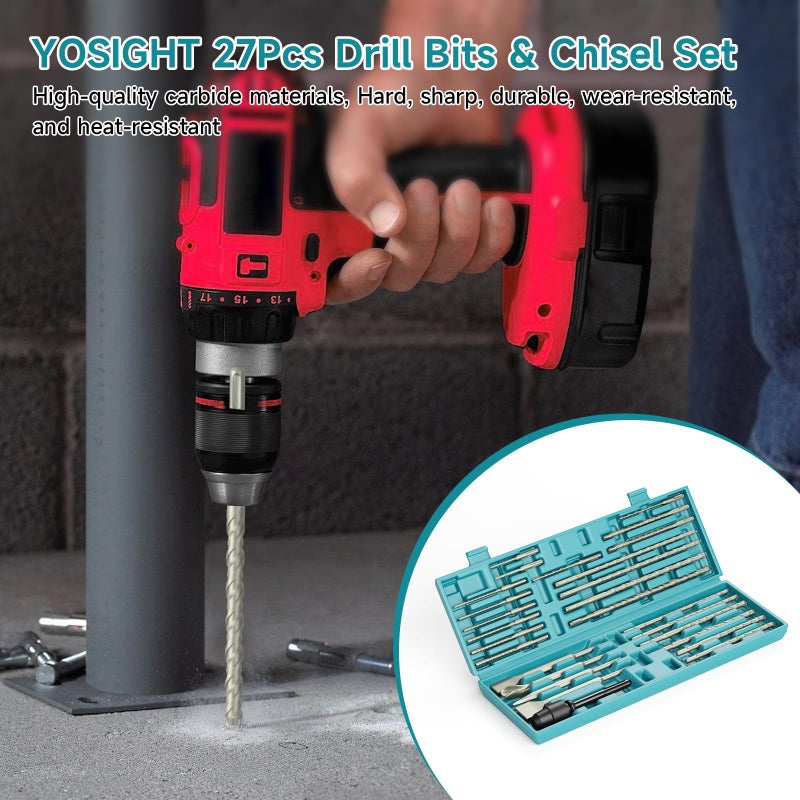 YOSIGHT 27Pcs SDS-Plus Drill Bits & Chisel Set - Rotary Hammer Carbide Tipped Double-Threaded Drill Bits & Chisels & SDS-Max to SDS Plus Adapter, with Storage Box, for Masonry Construction Materials - Image 5