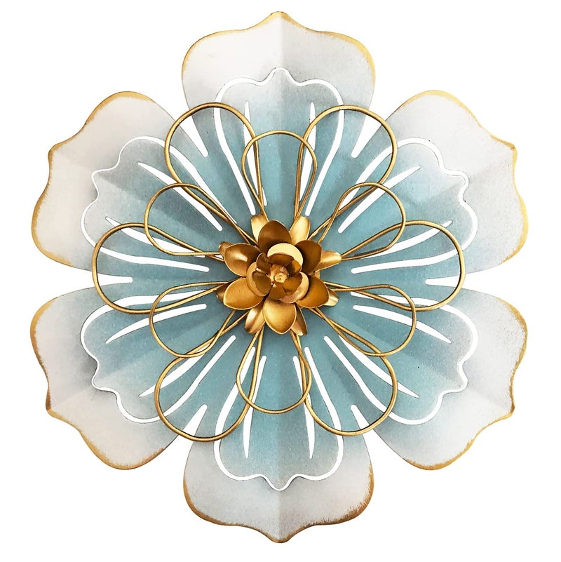 Picfarce Metal Flower Wall Art Decor, 8.3''Rustic Modern Floral Sculpture, Distressed Iron Wall Hanging Home Decoration Accent Artworks for Indoor Kitchen Bedroom Living Office Outdoor Garden Patio-06 Blue Gold - Image 1