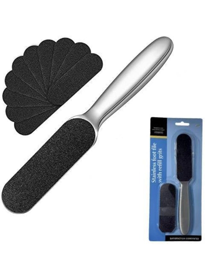 MOMENT Stainless Steel Pedicure Foot File Callus Remover Foot Scrubber Feet Rasp With 10 Replaceable Coarse/Fine Double Side Reusable Pads For Foot Care Cracked Skin Callus Remover Tool - Image 1