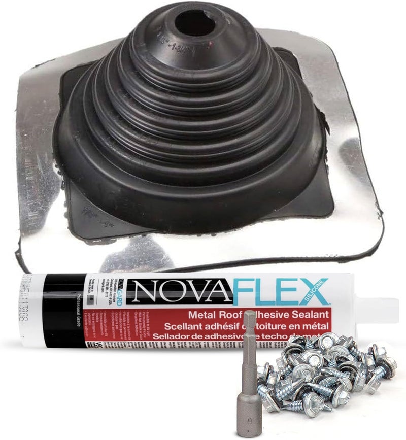 Fasteners Plus Store #2 Square EPDM Metal Roof Pipe Flashing Boot Kit - Fits 7/8" - 4" Pipe OD - Includes Flashing, NovaFlex Sealant & Roofing Stitch Screws - Black (Made in USA) - Image 1