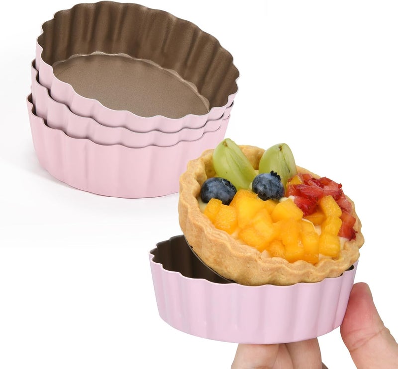 LIFVCNT 4 Pcs 3.6 Inch Mini Tart Pan Depth 1 Inch with Removable Bottom NonStick Tin - Pink - Image 1