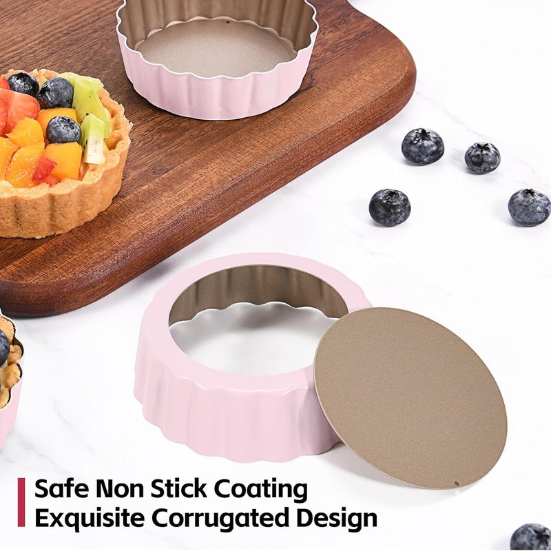 LIFVCNT 4 Pcs 3.6 Inch Mini Tart Pan Depth 1 Inch with Removable Bottom NonStick Tin - Pink - Image 5